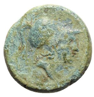 obverse: Eastern Italy, Larinum, c. 210-175 BC. Æ Quincunx (24mm, 10.47g, 12h). Head of Mars r., wearing crested Corinthian helmet. R/ Horseman galloping l., holding spear and shield decorated with thunderbolt; V above, five pellets in exergue. Campana 4a; HNItaly 625. Green patina, Good Fine