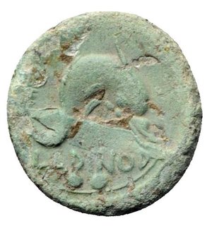 reverse: Eastern Italy, Larinum, c. 210-175 BC. Æ Binux (18.5mm, 4.56g, 12h). Veiled and wreathed head of female (Thetis?) r. R/ Dolphin r.; two pellets in exergue. Cantilena, p. 145, n. 47; HNItaly 628; SNG ANS 140-1. Rare, green patina, Good Fine