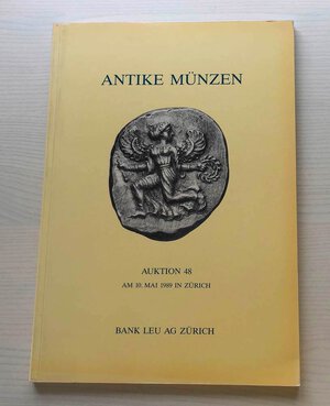 obverse: Bank Leu Auktion 48 Antike Munzen Griechen, Romer, Literatur. Zurich 10 Mai 1989. Brossura ed. pp. 102, lotti 689, tavv.27 in b/n, 12 ingrandimenti in b/n. Ottimo stato