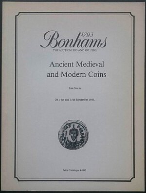 obverse: Bonhams in association with V.C. Vecchi & Sons. Sale No. 6. Ancient, Medieval and Modern Coins. Londra, 14-15 Settembre 1981. Brossura editoriale, 1333 lotti, tavole B/N. Buone condizioni