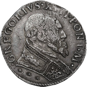 obverse: Roma.  Gregorio XIII (1572-1585), Ugo Boncompagni. Testone 1575, segno di zecca Camera Apostolica