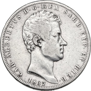 obverse: Carlo Alberto (1831-1849). 5 lire 1837 Torino
