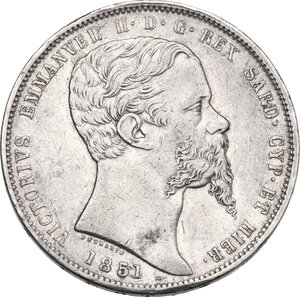 obverse: Vittorio Emanuele II, Re di Sardegna (1849-1861).. 5 lire 1851 Genova