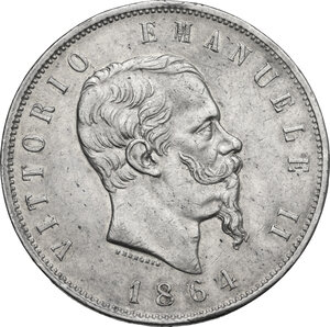obverse: Vittorio Emanuele II, Re d Italia (1861-1878).. 5 lire 1864 Napoli