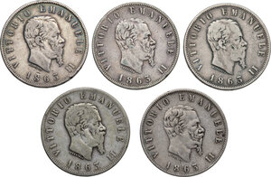 obverse: Vittorio Emanuele II  (1861-1878). Lotto di cinque (5) monete: 1863 N stemma (2) e 1863 N valore (3)