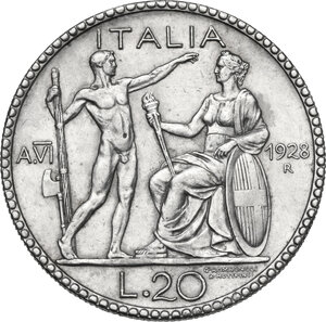 reverse: Vittorio Emanuele III (1900-1943).. 20 Lire A. VI, 1928