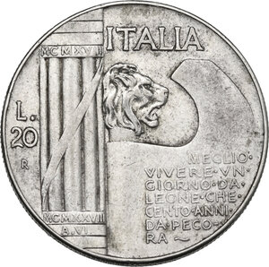 reverse: Vittorio Emanuele III (1900-1943). 20 lire 1928 A. VI