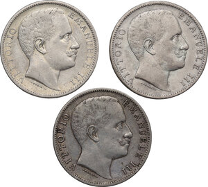 obverse: Vittorio Emanuele III (1900-1943). Lotto di tre (3) monete da 2 lire: 1902, 1905, 1907