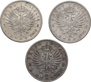 reverse: Vittorio Emanuele III (1900-1943). Lotto di tre (3) monete da 2 lire: 1902, 1905, 1907