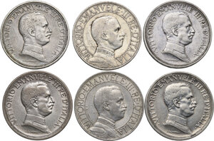 obverse: Vittorio Emanuele III (1900-1943). Lotto di sei (6) monete da 2 lire: 1908, 1912, 1914, 1915, 1916, 1917