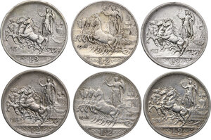 reverse: Vittorio Emanuele III (1900-1943). Lotto di sei (6) monete da 2 lire: 1908, 1912, 1914, 1915, 1916, 1917