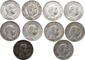obverse: Vittorio Emanuele III (1900-1943). Lotto di 10 monete da 1 lira 1913