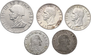 obverse: Vittorio Emanuele III (1939-1943). Lotto di tre (3) monete: 5 lek 1939 (2) e 2 lek 1939 A. XVIII. In aggiunta due (2) monete da 10 soldi datate 1794 e 1796