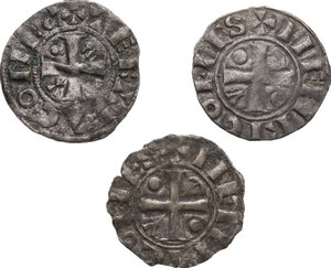 obverse: France.  Henri II of Champagne (1181-1197). Lot of three (3) denier, troyes mint. One Thibaut II example