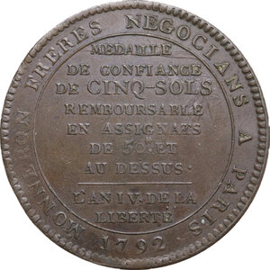 reverse: France.  Louis XVI (1774-1792). 5 Sols Token, emergency coin, issued by the Monneron brothers, signed by F. Dupré , Paris, 1792