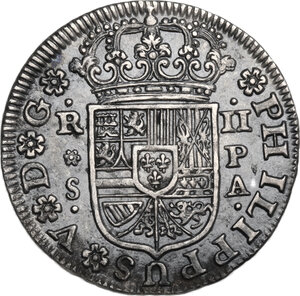 obverse: Spain.  Felipe V (1724-1746), second reign. 2 reales 1732 S, assayer PA