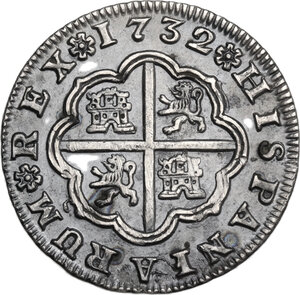 reverse: Spain.  Felipe V (1724-1746), second reign. 2 reales 1732 S, assayer PA