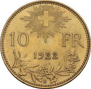 reverse: Switzerland.  Confederation (1848- ). 10 Francs 1922 B, Bern mint