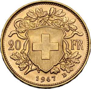 reverse: Switzerland.  Confederation. AV 20 Francs 1947 B, Bern mint
