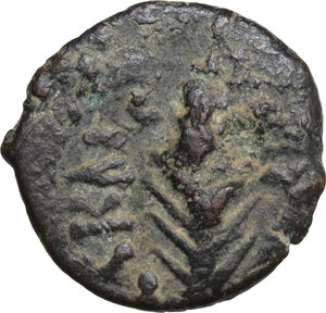 reverse: Judaea.  Porcius Festus, Procurator 59-62. AE Prutah in the name of Nero, Jerusalem mint