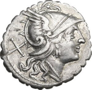 obverse: Wheel series. AR Denarius serratus, uncertain Apulian mint (Tarentum?), 208 BC