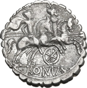 reverse: Wheel series. AR Denarius serratus, uncertain Apulian mint (Tarentum?), 208 BC