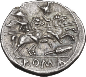 reverse: Staff and feather series. AR Denarius, uncertain Spanish mint, 202 BC
