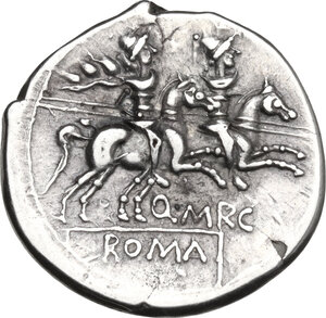 reverse: Q. Marcius Libo. . Fourrèe Denarius, 148 BC