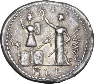 reverse: M. Furius L.f. Philus.. AR Denarius, 119 BC