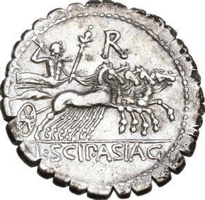 reverse: L. Cornelius Scipio Asiagenus.. AR Denarius serratus, 106 BC