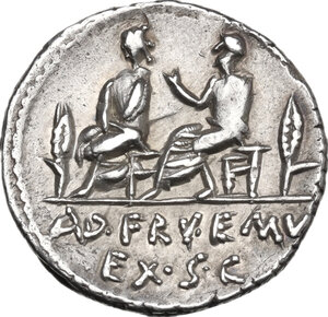 reverse: L. Calpurnius Piso Caesonius and Q. Servilius Caepio, quaestors.. AR Denarius, 100 BC