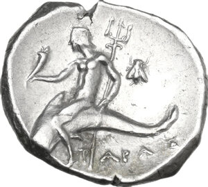 reverse: Southern Apulia, Tarentum. AR Nomos, c. 272-240 BC. Iopyros and Fi-, magistrates