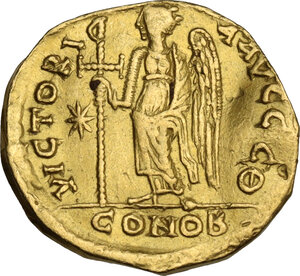 reverse: Anastasius I (491-518).. AV Solidus. Constantinople mint, 9th officina. Struck 507-518