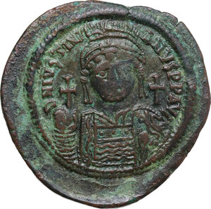 obverse: Justinian I (527-565).. AE 40 Nummi – Follis. Constantinople mint, 2nd officina. Dated RY 12 (538/9)