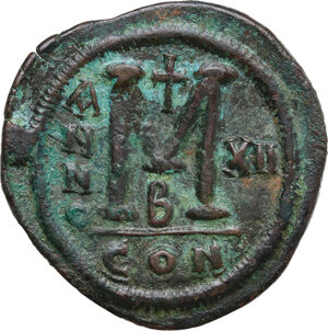 reverse: Justinian I (527-565).. AE 40 Nummi – Follis. Constantinople mint, 2nd officina. Dated RY 12 (538/9)