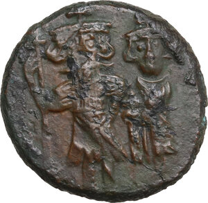 obverse: Constans II, with Constantine IV, Heraclius, and Tiberius (641-668). . AE Follis, Syracuse mint, 659-668