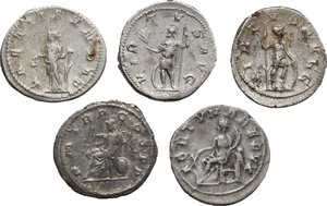 reverse: The Roman Empire. . Multiple lot of five (5) unclassified AR Antoniniani, of Gordian III, Philip I and Elagabalus