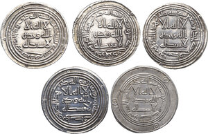 obverse: Umayyad Caliphate. . Lot of 5 (five) selected AR dirhams, including these mints: Marw 90AH, Darabjird 92AH, (3) Wasit, dated 91, 95, 107AH