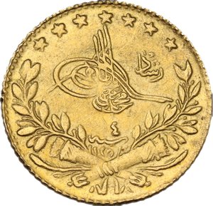 obverse: Ottoman Empire.  Mehmet V (1327-1336 AH/ 1909-1918 AD). AV 25 Kurush, Qustantiniya mint, 1327 AH (1912)
