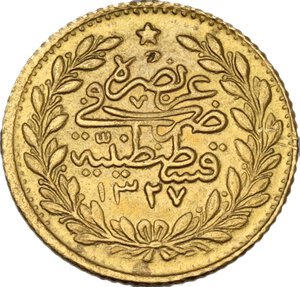 reverse: Ottoman Empire.  Mehmet V (1327-1336 AH/ 1909-1918 AD). AV 25 Kurush, Qustantiniya mint, 1327 AH (1912)