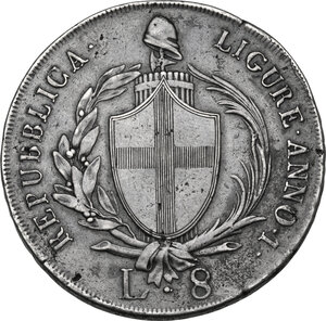 obverse: Genova.  Repubblica Ligure (1798-1805).. Da 8 lire A. I, 1798