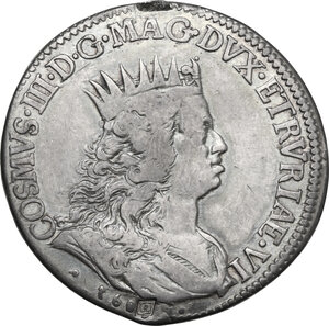 obverse: Livorno.  Cosimo III de  Medici (1670-1723). Mezzo Tollero 1683 con contromarca con lettera A sul 3 del D/