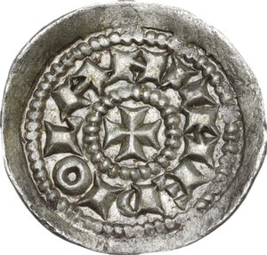 reverse: Milano.  Monetazione comunale a nome di Enrico (1152-1198). Denaro terzarolo scodellato
