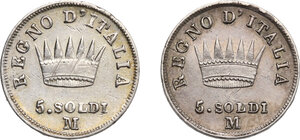 reverse: Milano.  Napoleone Bonaparte (1805-1814).. Lotto di due monete da 5 soldi 1810 e 1811