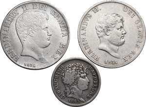 obverse: Napoli. Lotto di tre monete: 2 lire 1813 (Gioacchino Napoleone), piastra 1834 (Ferdinando II) e piastra 1854 (Ferdinando II)