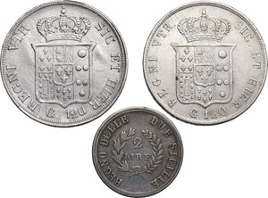 reverse: Napoli. Lotto di tre monete: 2 lire 1813 (Gioacchino Napoleone), piastra 1834 (Ferdinando II) e piastra 1854 (Ferdinando II)
