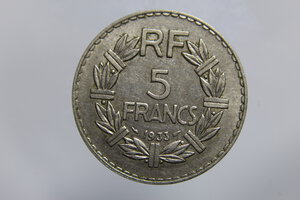 obverse: FRANCIA 5 FRANCS 1933 LAVRILLIER NICKEL QSPL