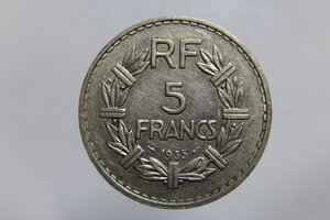 obverse: FRANCIA 5 FRANCS 1935 LAVRILLIER NICKLE BB