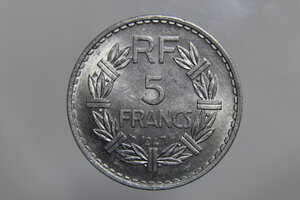 obverse: FRANCIA 5 FRANCS 1947 LAVRILLIER 9 OUVERT(APERTO) ALLUMINIO