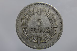 obverse: FRANCIA GOVERNO PROVVISORIO 5 FRANCS 1945 C LAVRILLIER ALLUMINIUM BB NC